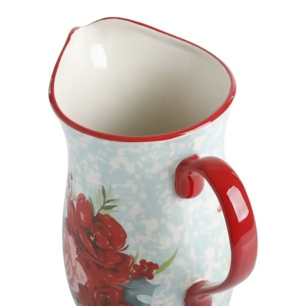 Pioneer Woman Holiday Pitcher Teal Splatter Floral Design 2.54 Quart Ceramic